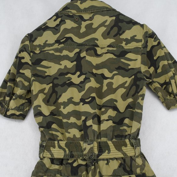 Pam & Gela Womens Romper Green Camo Puff Sleeve Zip Front Elastic Waist Jumpsuit - Picture 6 of 9